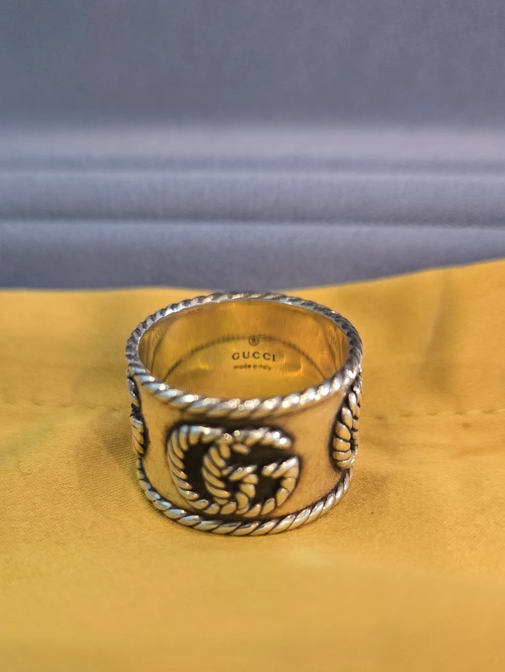 Gucci Sterling Silver Rope-Trim Logo Wide Band Cigar Style Ring   Authentic